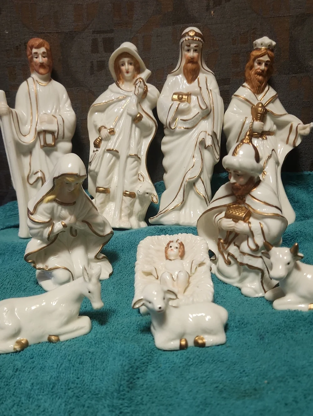 White Porcelain Nativity Set with Gold Trim